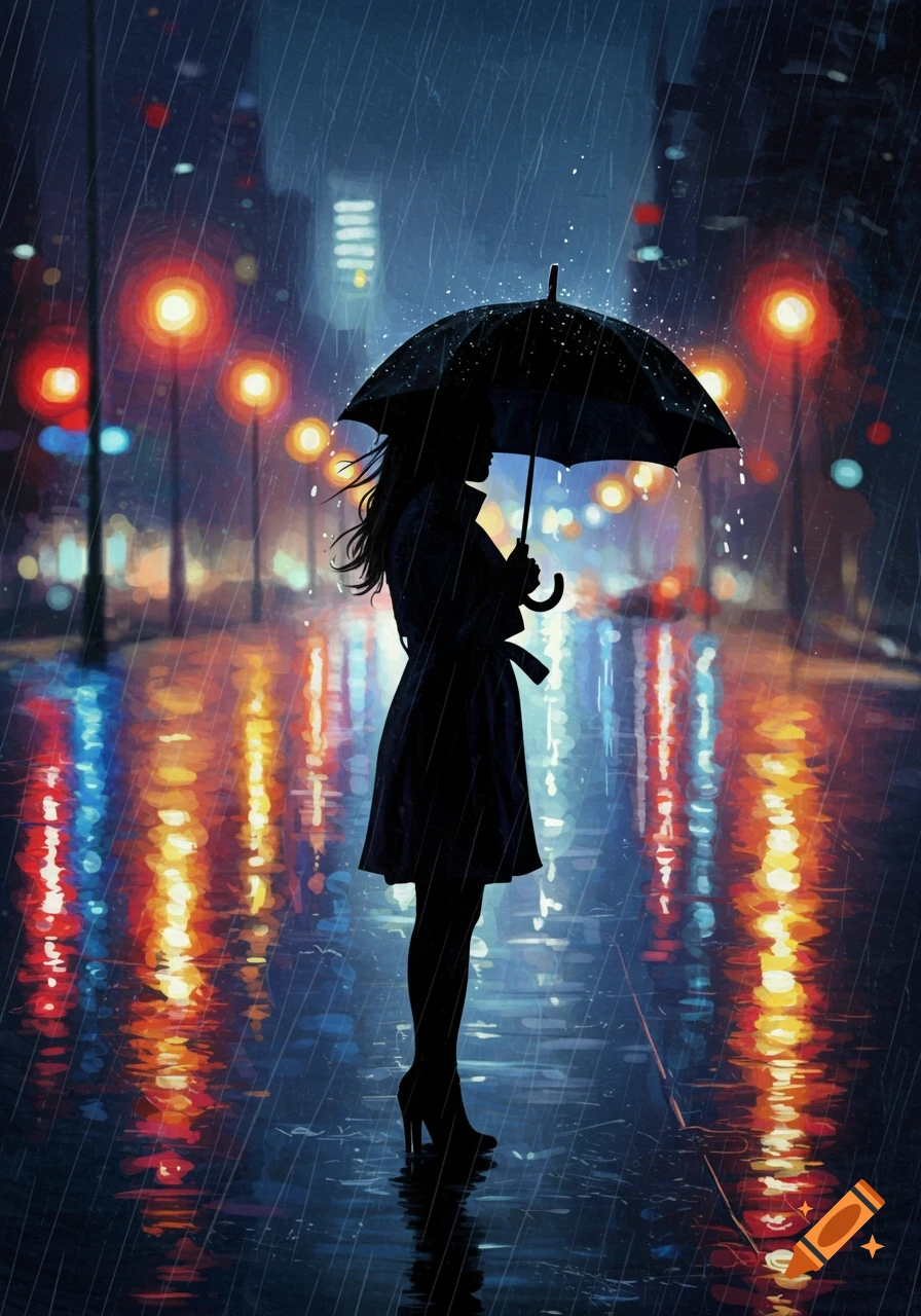 Stylized silhouette of a woman with an umbrella standing in the rain on a wet city street at night, with colorful light reflections.