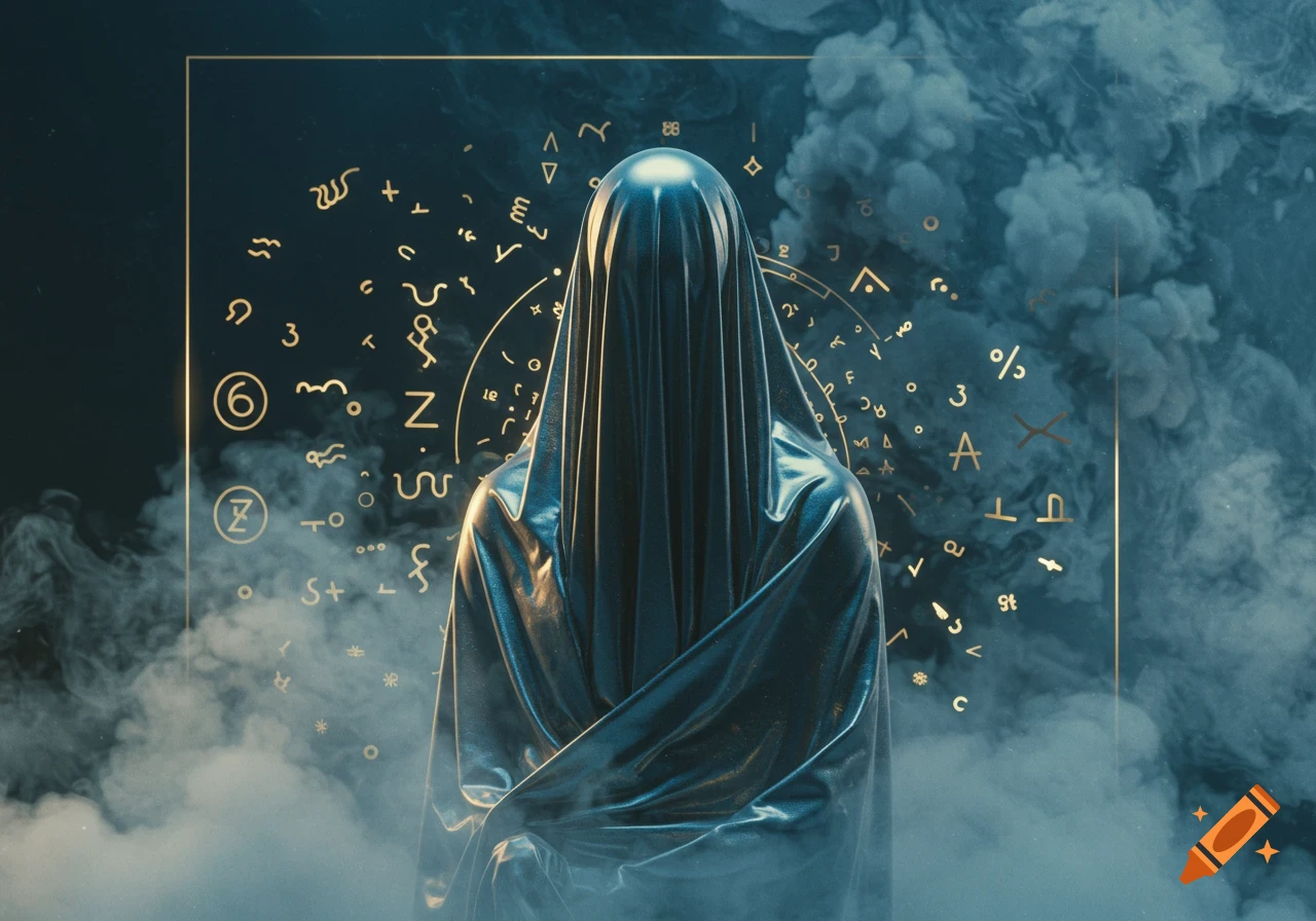 A mysterious, veiled figure stands amidst golden, abstract symbols and swirling smoke, creating a mystical atmosphere.