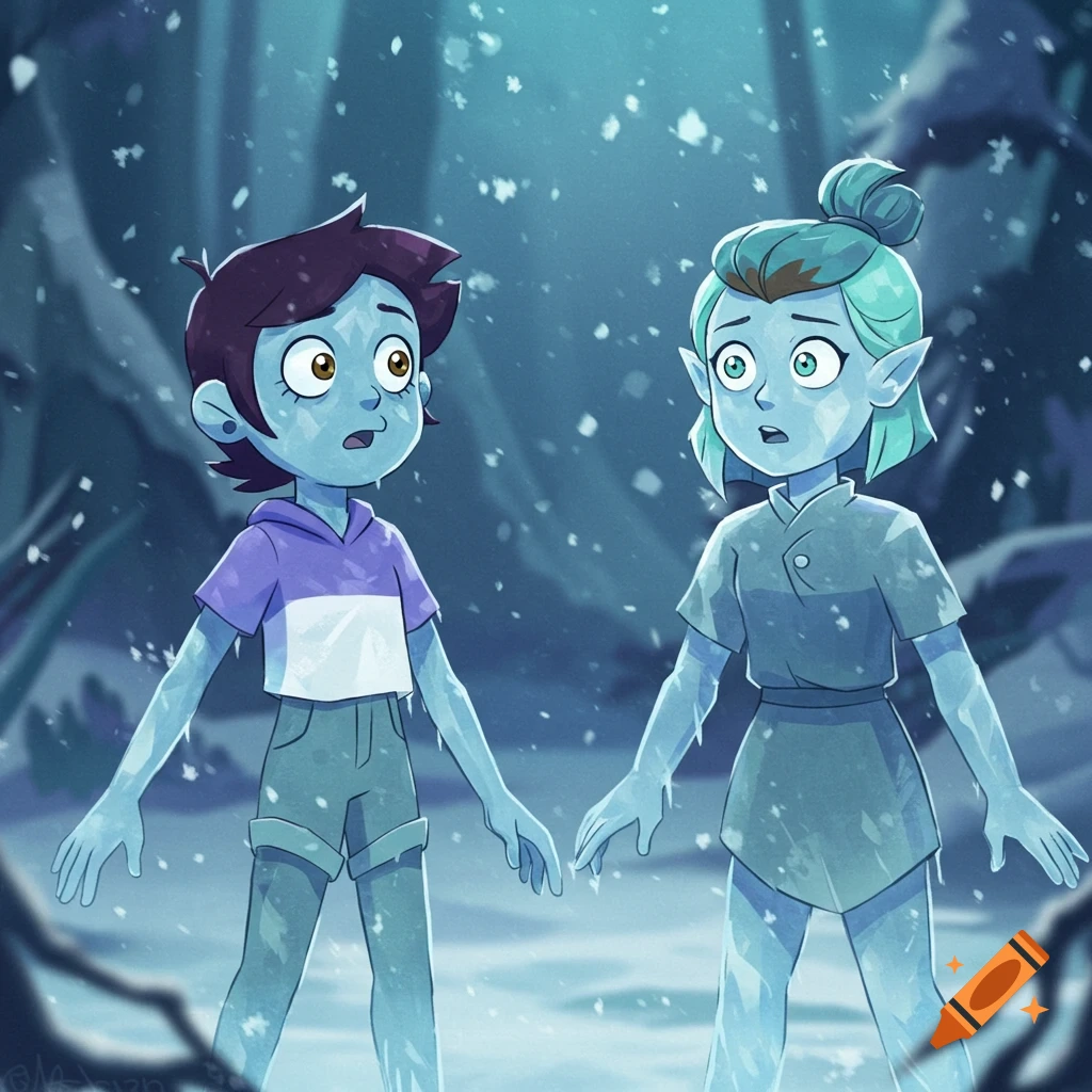 Luz and Amity, cartoon characters, look surprised while covered in ice in a snowy forest.