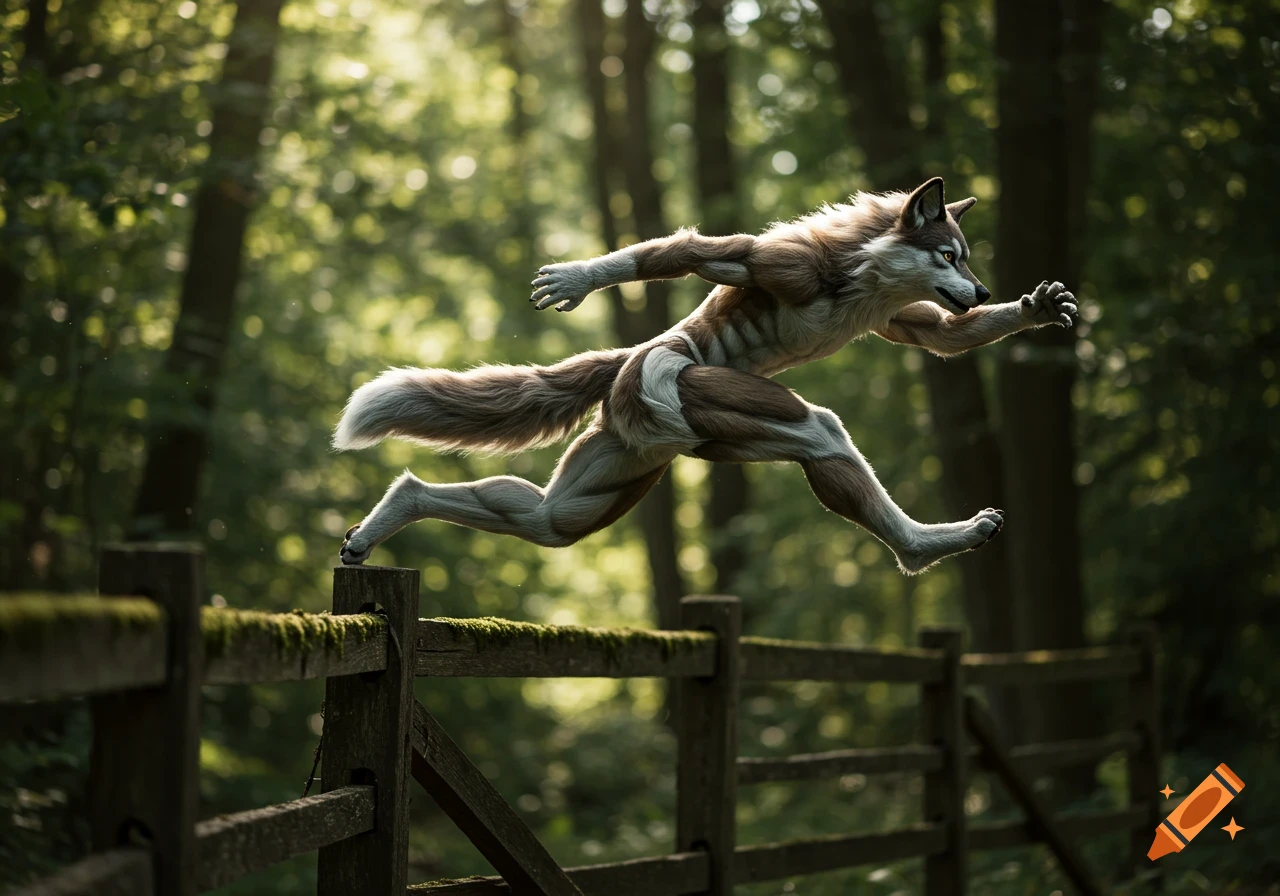 A muscular photorealistic humanoid wolf leaps over a mossy wooden fence in a sun-dappled forest.