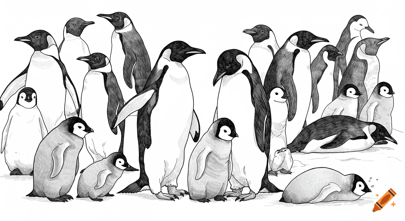A black and white sketch illustration of a group of penguins, including adults and chicks, in various poses.