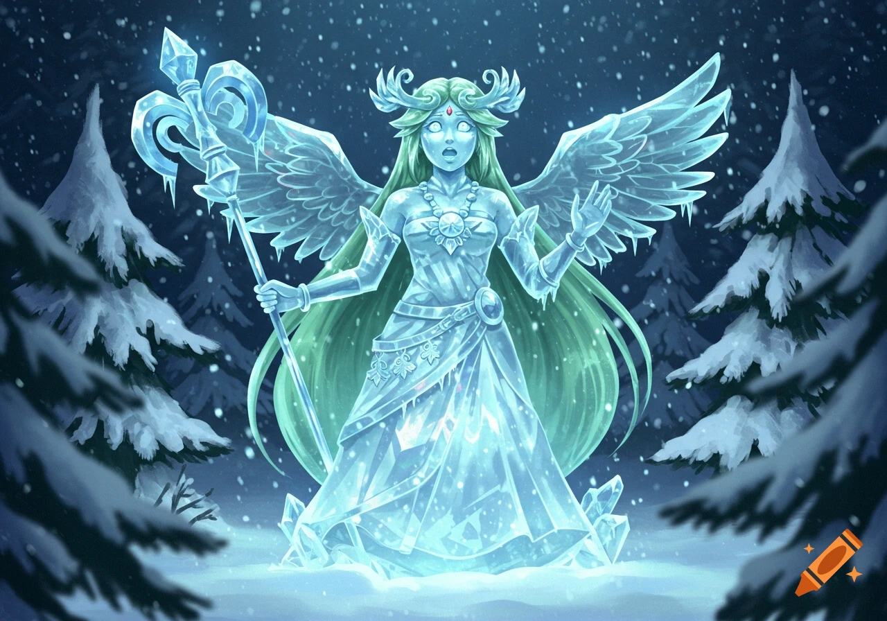 An ice statue of Palutena, a female character with long green hair and large wings, standing in a snowy forest.