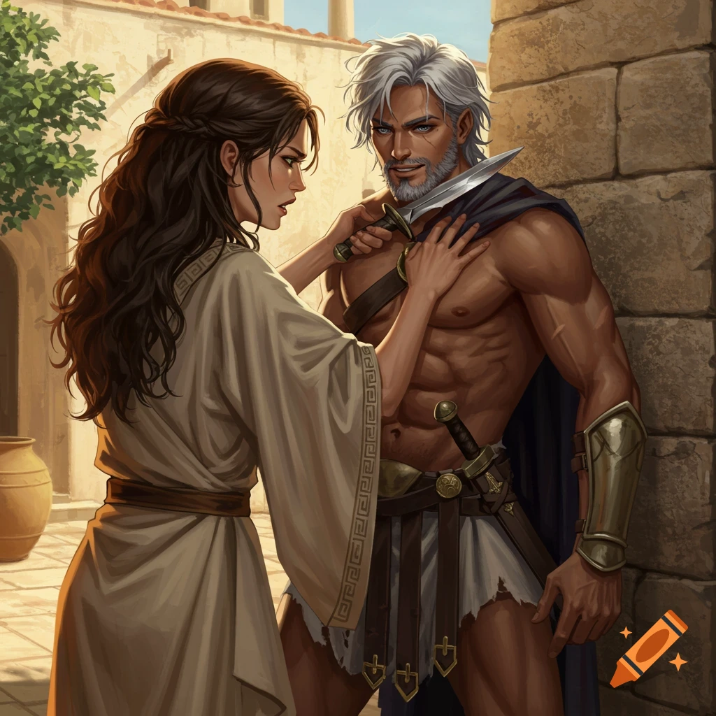 A woman in a Greek robe holds a knife to the throat of a shirtless, muscular man with white hair, who grins at her.