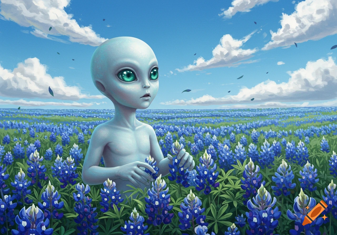 A wide-eyed gray alien child stands in a field of bluebonnet flowers, holding blooms under a bright blue sky with clouds. Stylized illustration.