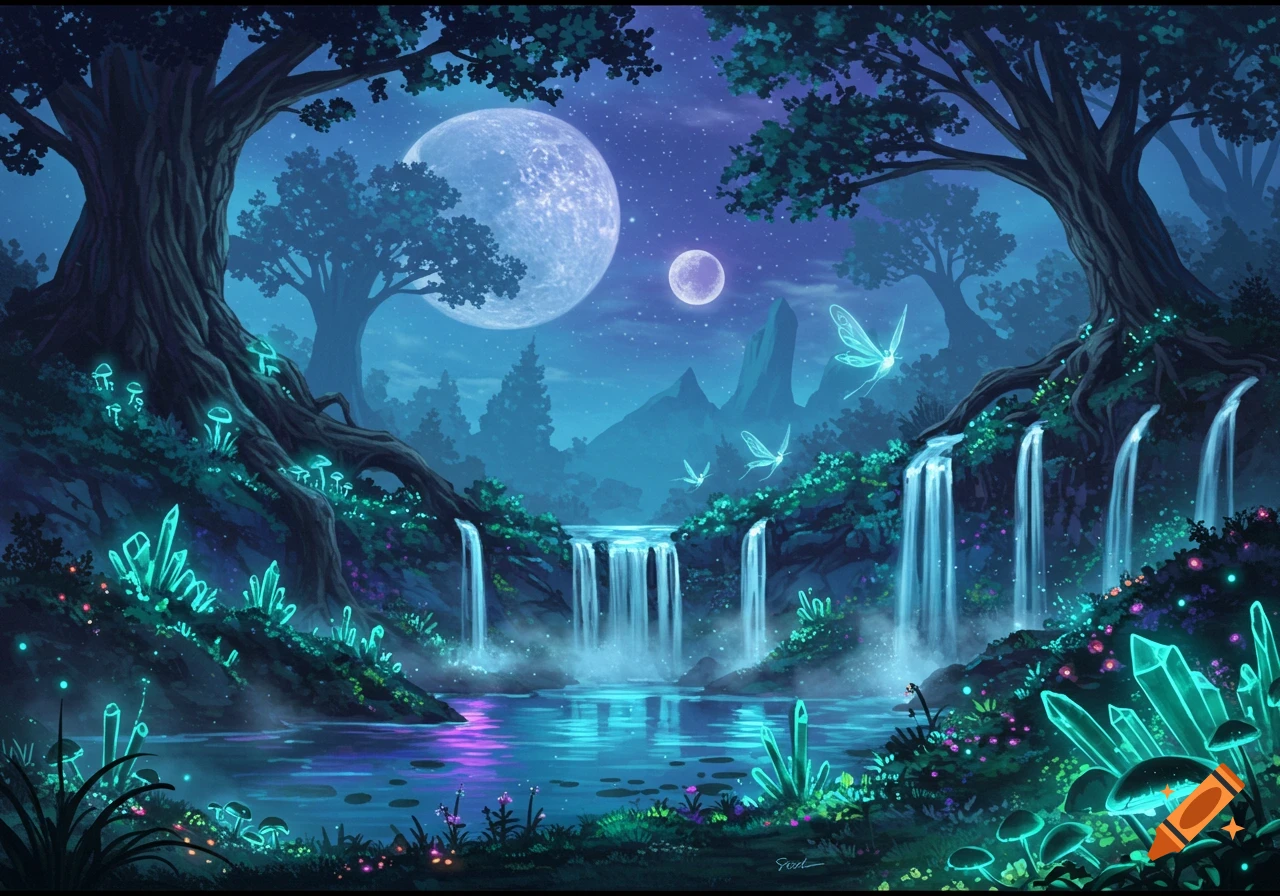 A vibrant fantasy night landscape with glowing mushrooms and crystals, multiple waterfalls, and ethereal creatures under two moons.