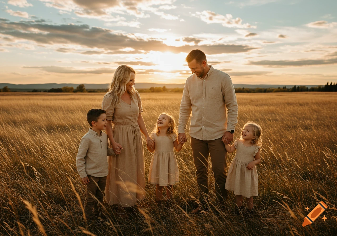 Family of four standing in a golden field at sunset, smiling and holding hands. Photorealistic.