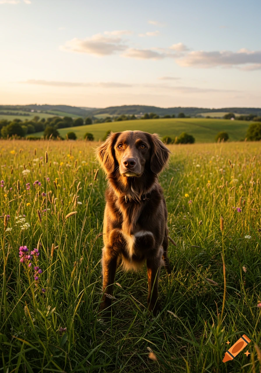 A brown dog stands in a sunlit field of tall grass and wildflowers with rolling hills in the background.