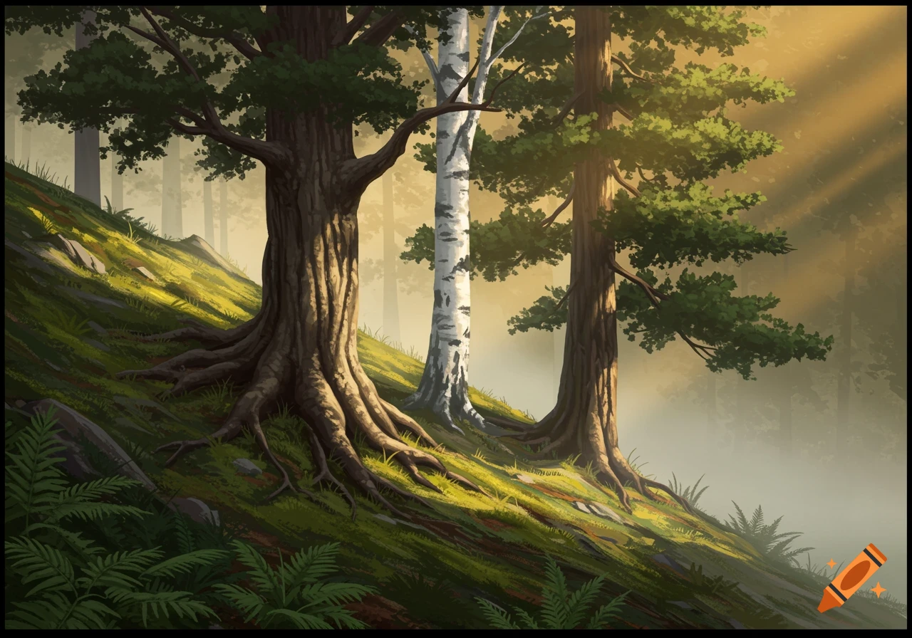 Three trees on a steep, mossy slope in a sunlit forest, with light rays piercing through the mist in a digital art style.