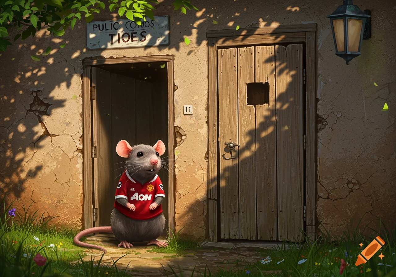 A cute cartoonish rat wearing a red Manchester United soccer jersey stands outside a rustic stone building with two wooden doors.
