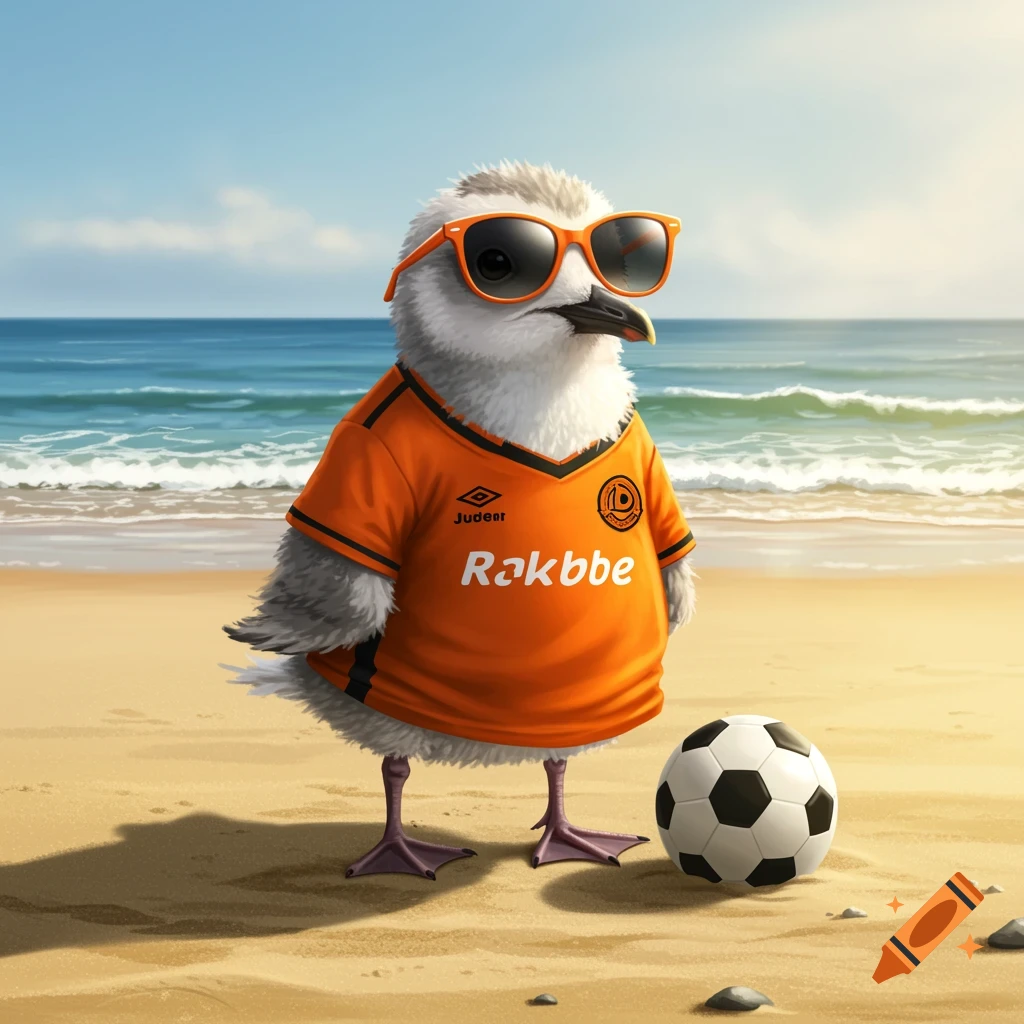 A cartoon baby seagull wearing an orange football jersey and orange sunglasses stands on a beach next to a soccer ball.