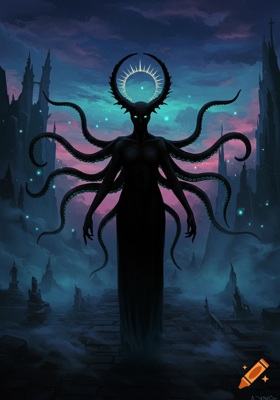 A dark, tentacled creature with glowing eyes and a halo stands on a ruined path before Gothic architecture under a twilight sky.