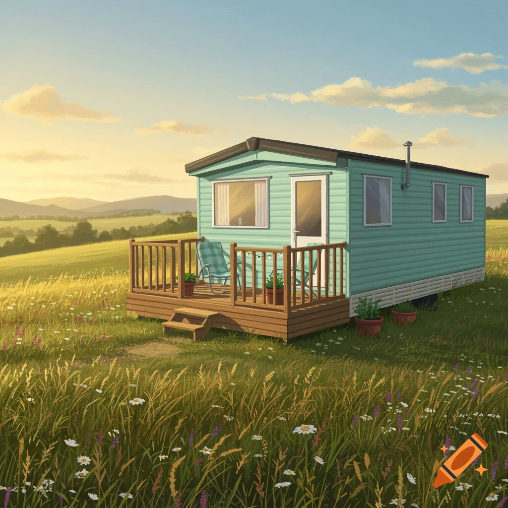 An illustrated static caravan sits in a sunny field of tall grass and wildflowers with mountains in the background.