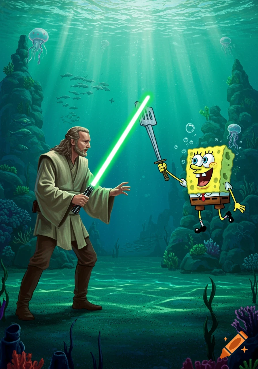 Qui-Gon Jinn with a green lightsaber confronts Spongebob holding a spatula in a stylized underwater illustration.