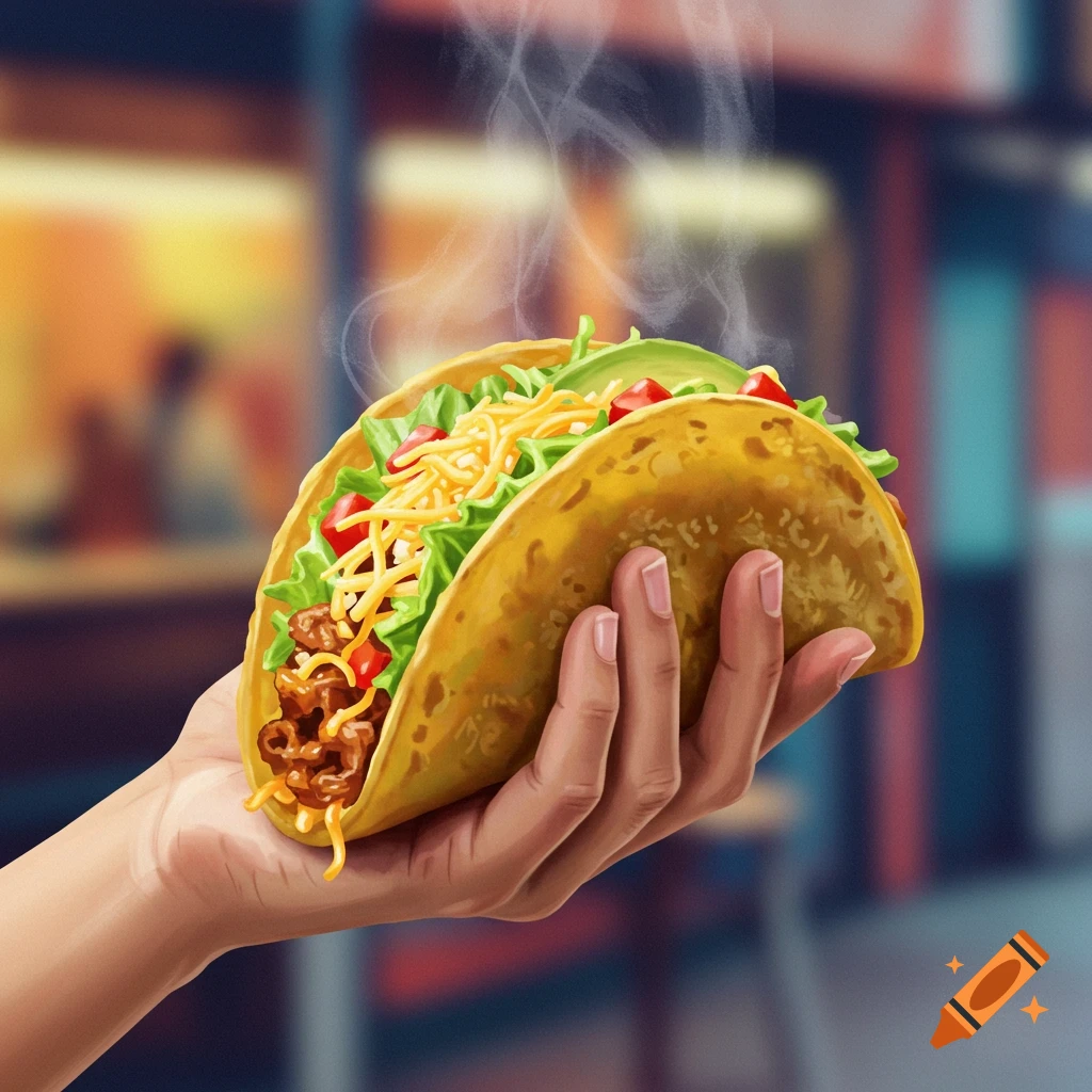 A close-up, digital art illustration of a hand holding a steaming taco filled with meat, cheese, lettuce, and tomatoes.
