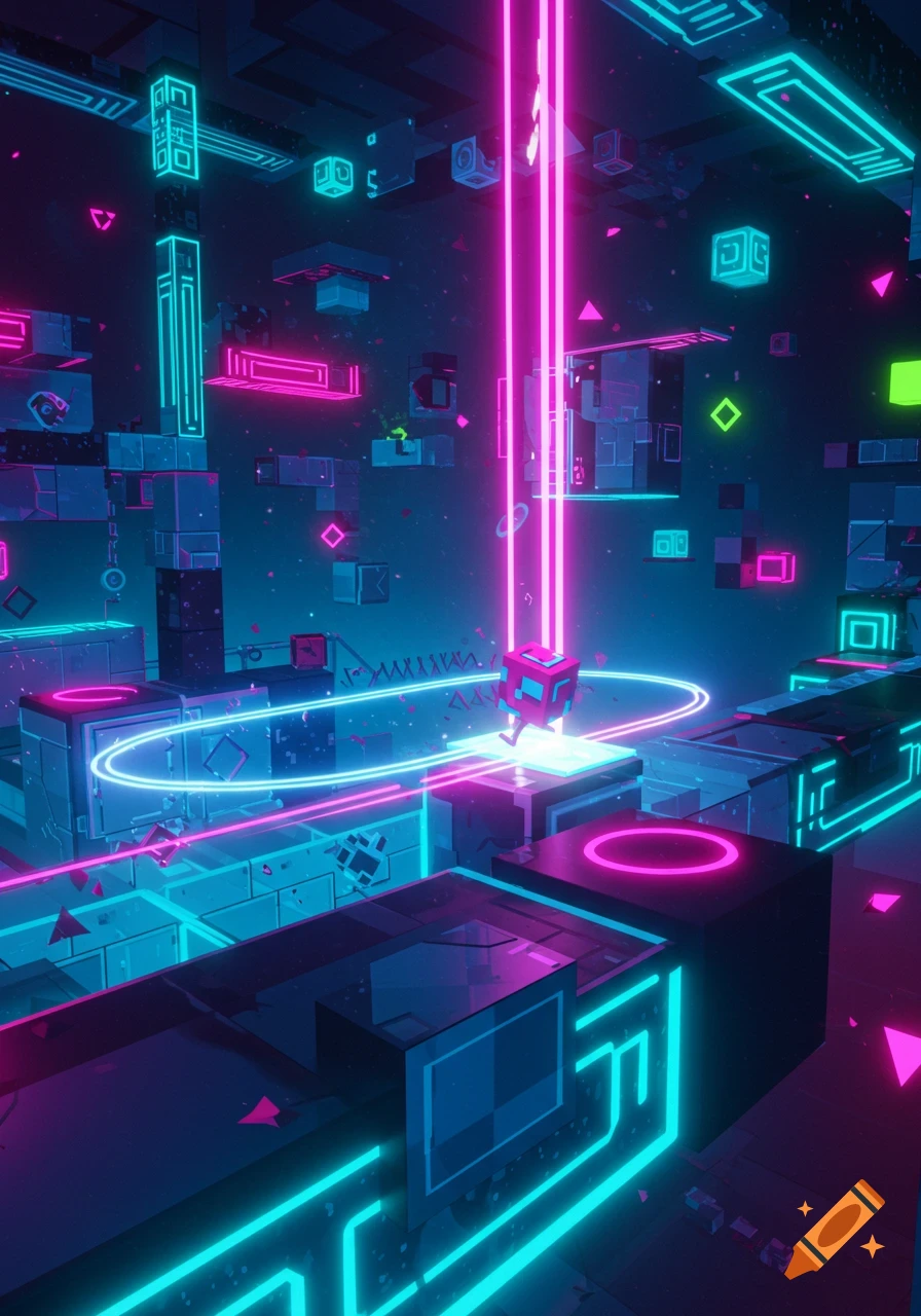 Abstract neon landscape with glowing geometric shapes, platforms, and a magenta light beam, in a digital art style.