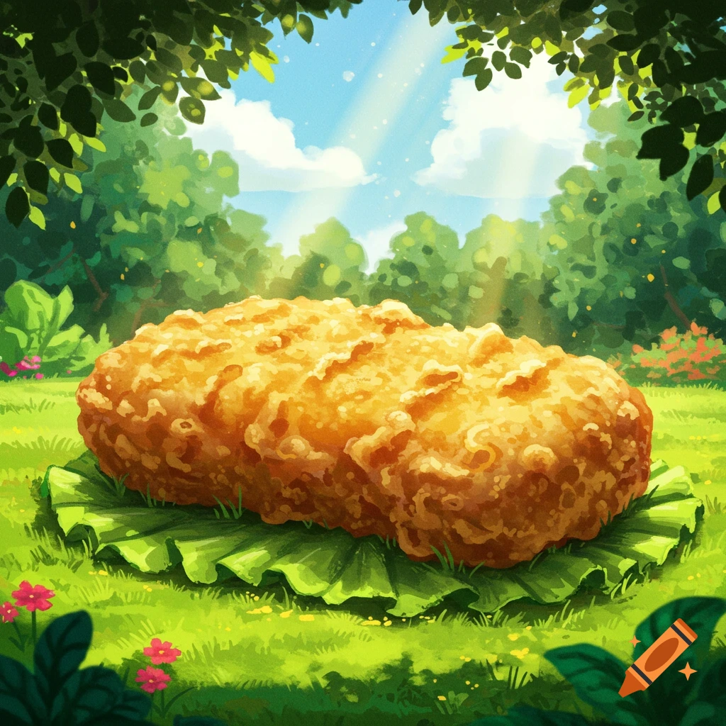 Giant fried chicken nugget on a lettuce leaf in a sunny, green forest clearing, illustrated style.