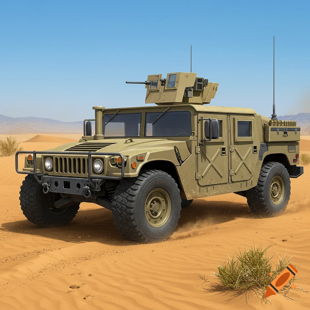 A photorealistic military Humvee drives through a sandy desert landscape under a clear blue sky.