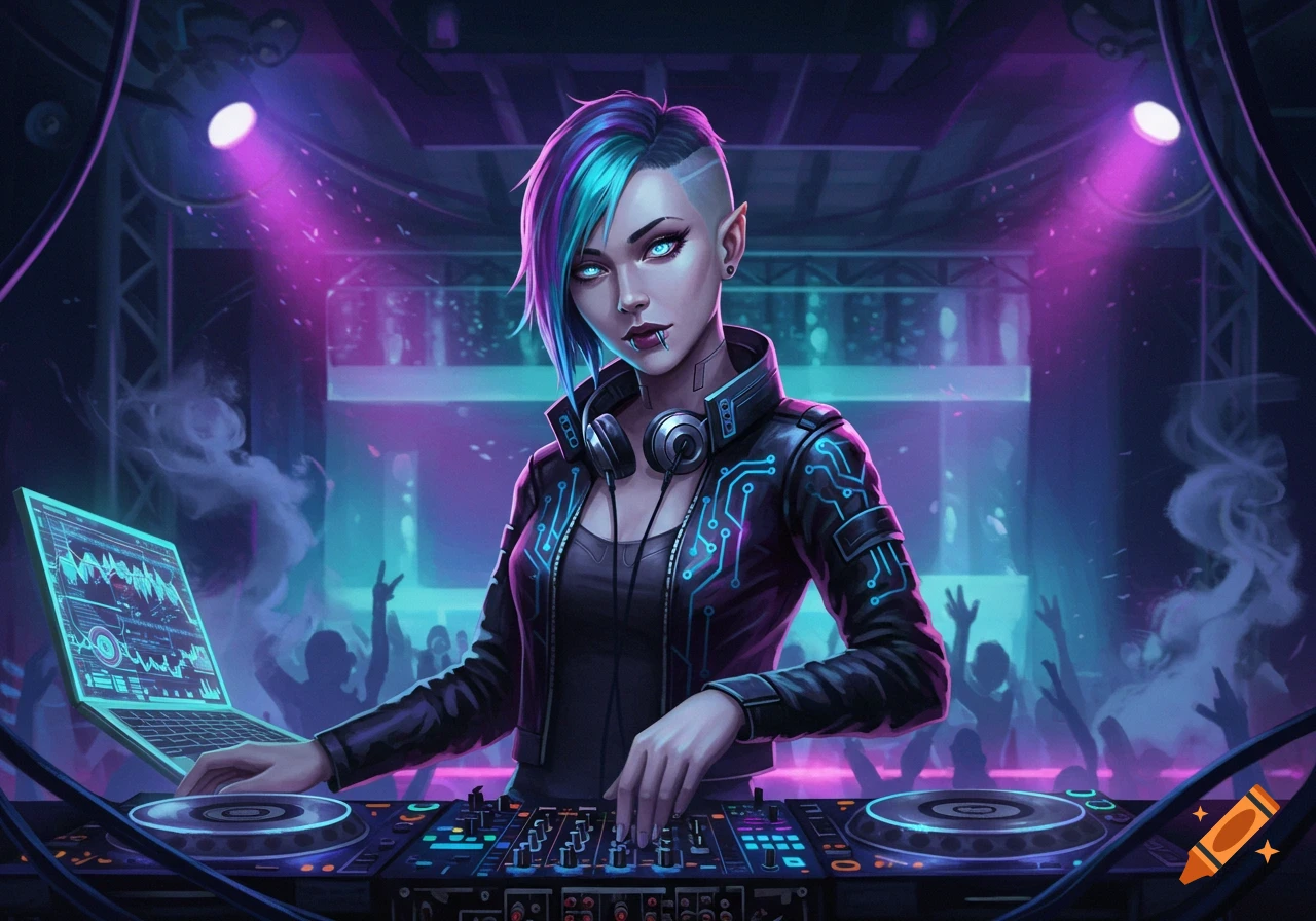 Neon Cyberpunk Singer Girl With Blue and Pink Hair created