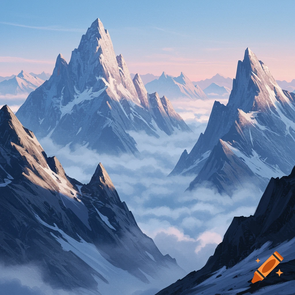 Majestic snow-capped mountains emerge from a sea of clouds under a colorful sky, in a painting-like style.