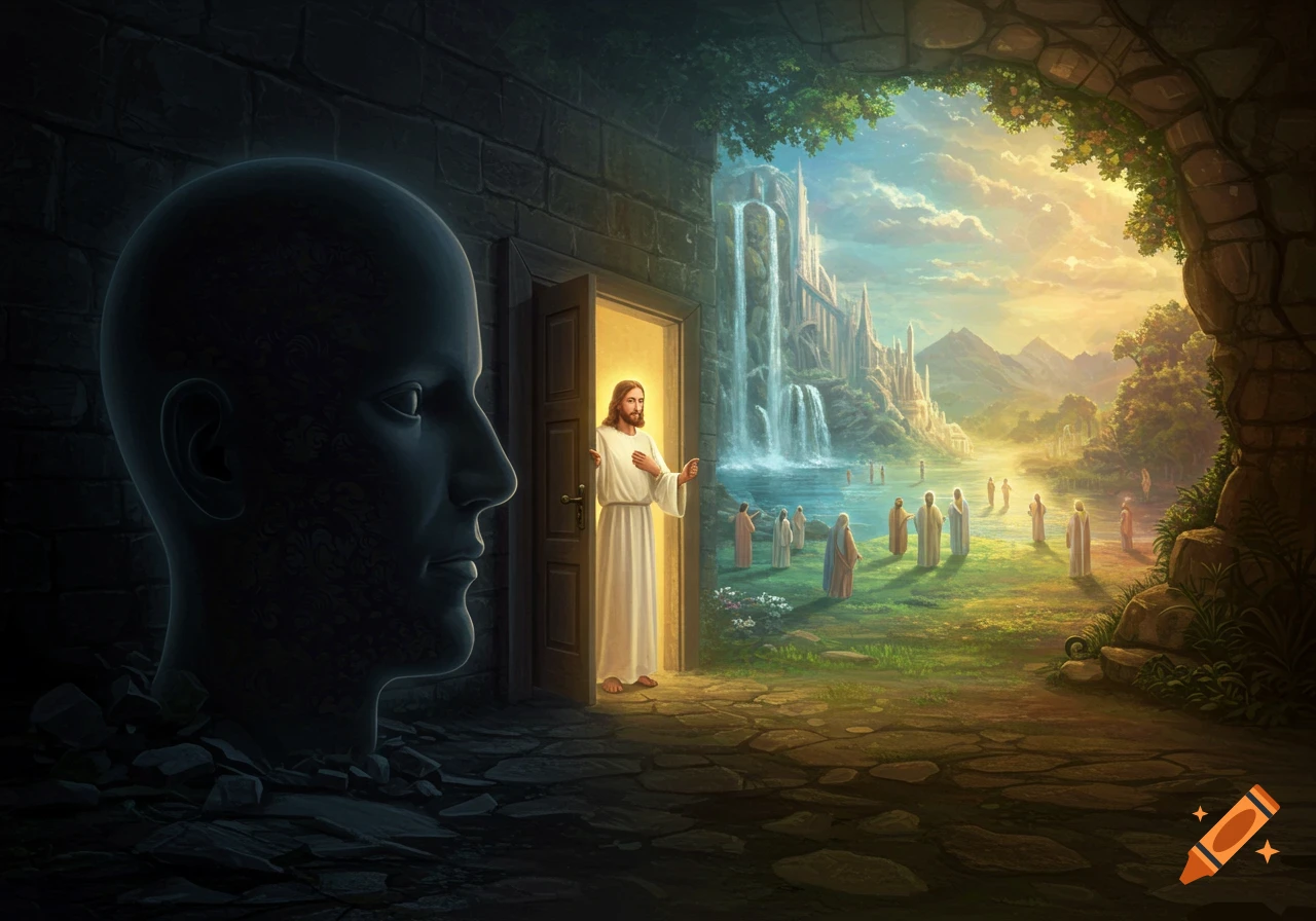 Jesus Christ beckons from a glowing doorway, leading figures from a dark, crumbling room with a giant shadowy head into a vibrant paradise with waterfalls.