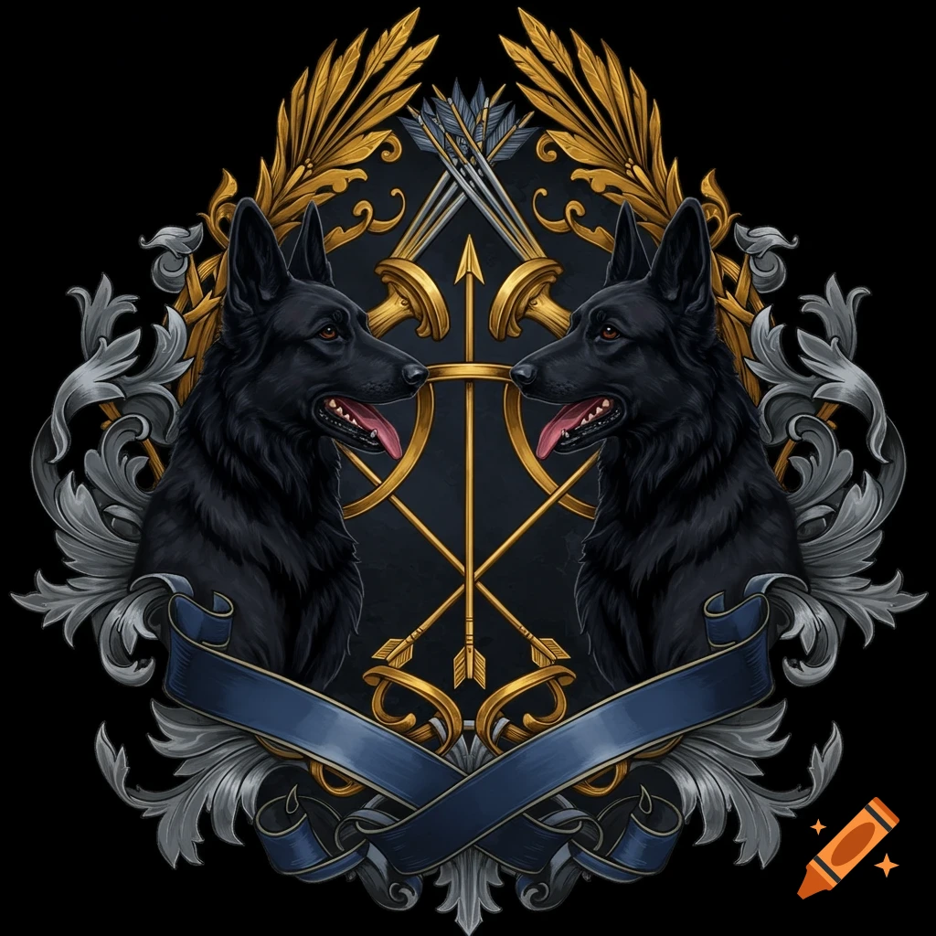 A black crest featuring two black German Shepherds facing inward, surrounded by ornate gold and silver foliage, crossed arrows, and a blue ribbon.