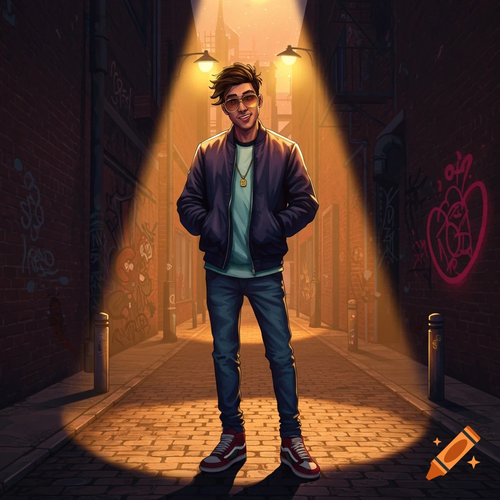 A cool young man in a jacket and sunglasses stands in a spotlight in a graffiti-filled alley, illustrated in a vibrant cartoon style.