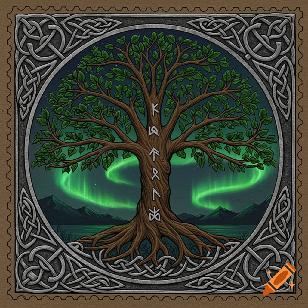 A vibrant illustration of a tree of life with Norse runes on its trunk, encircled by a Celtic knot border, set against an aurora borealis sky.