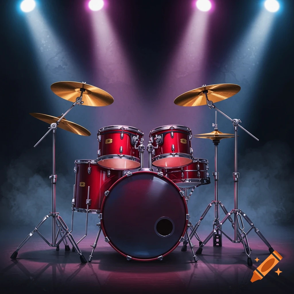 A red drum set illuminated by blue and pink stage lights on a dark, smoky stage.