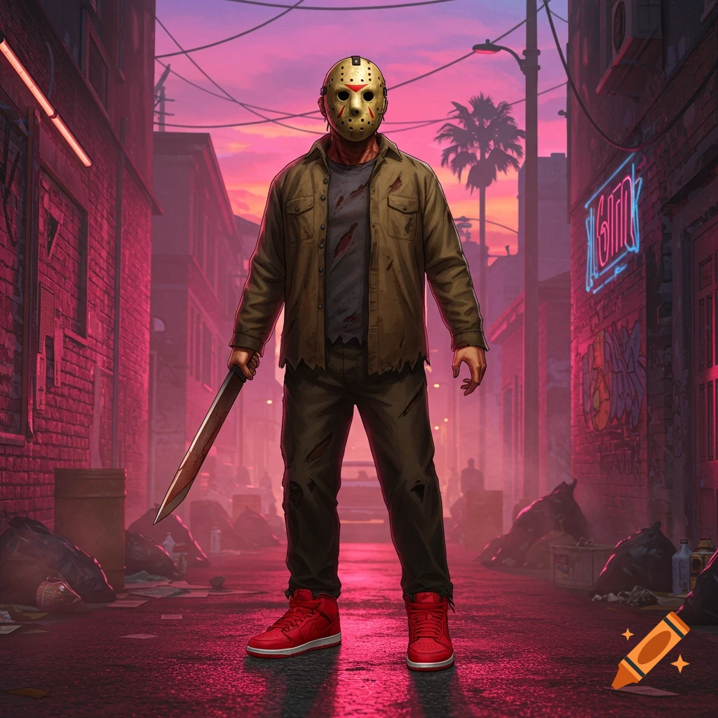 Jason Voorhees in a neon-lit urban alley, holding a machete, in a stylized video game art style.