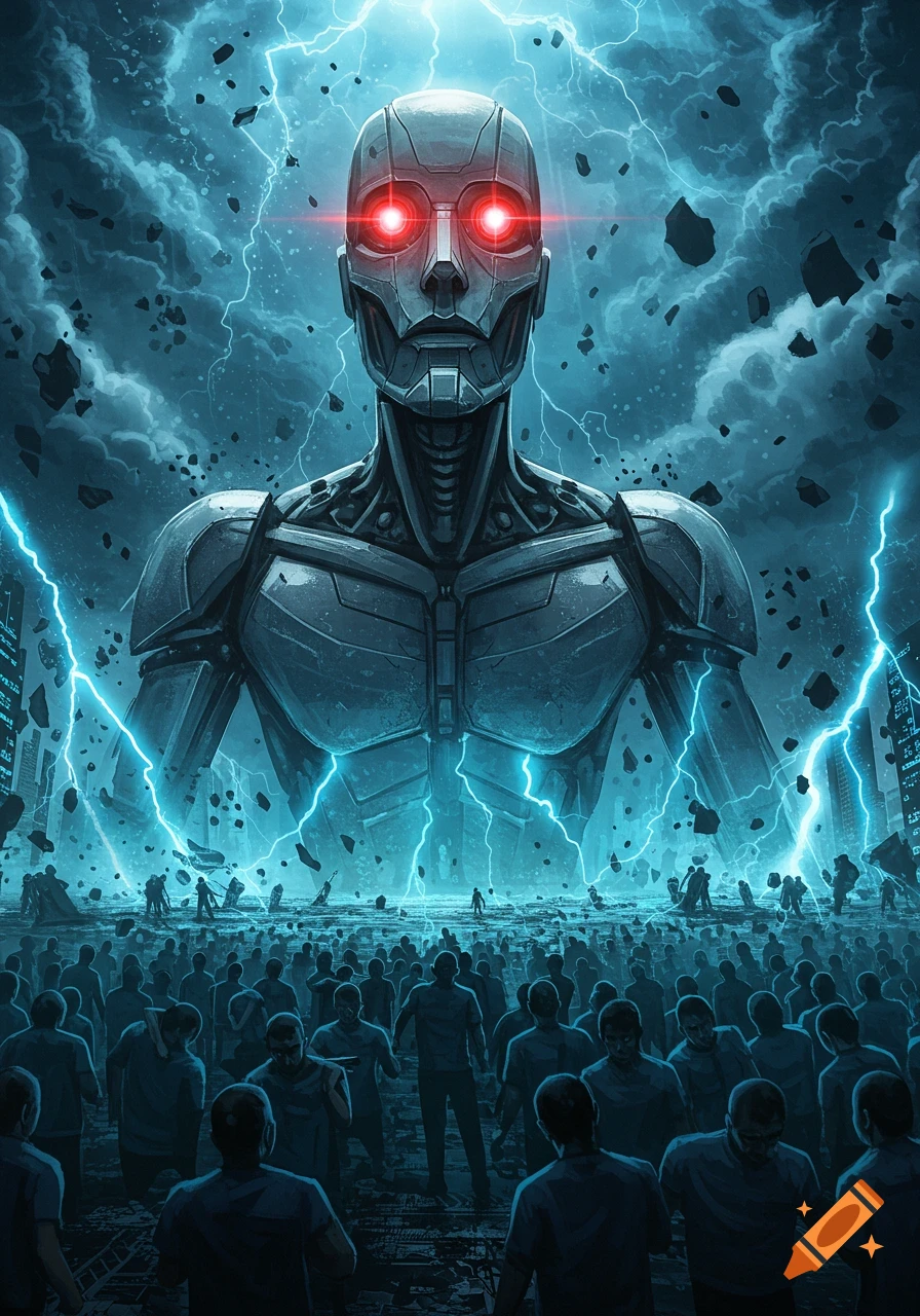 A giant robot with glowing red eyes towers over a crowd of people amidst a stormy sky with lightning and debris.