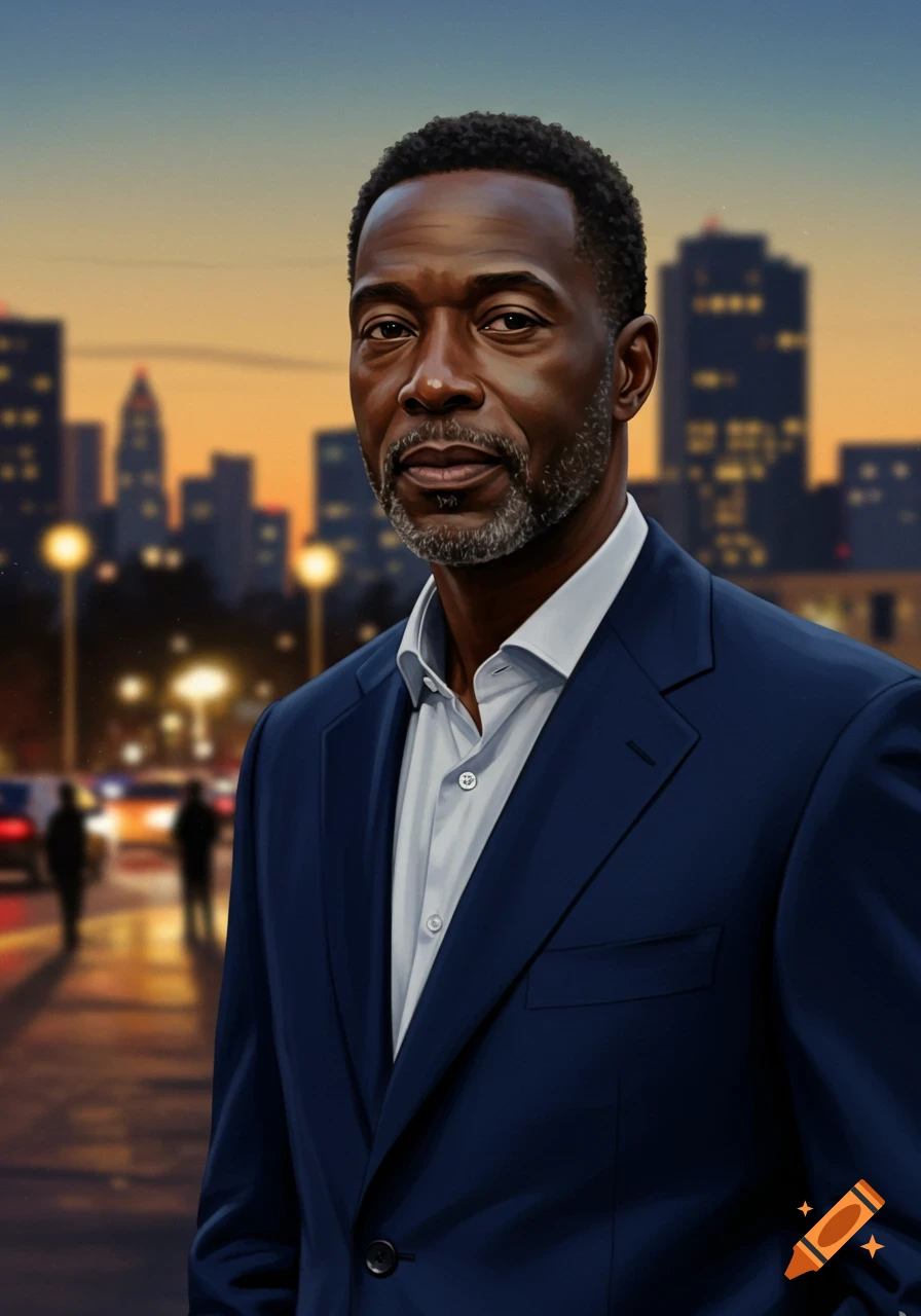 A photorealistic portrait of a handsome Black man with a beard, wearing a navy suit, against a blurred city skyline at dusk.