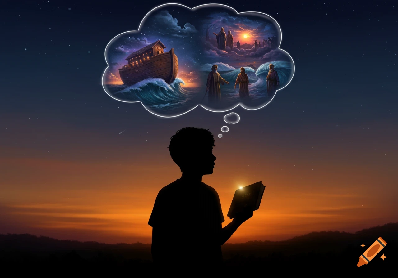 Silhouette of a child reading a Bible against a sunset sky, with a thought bubble showing biblical scenes like Noah's Ark.