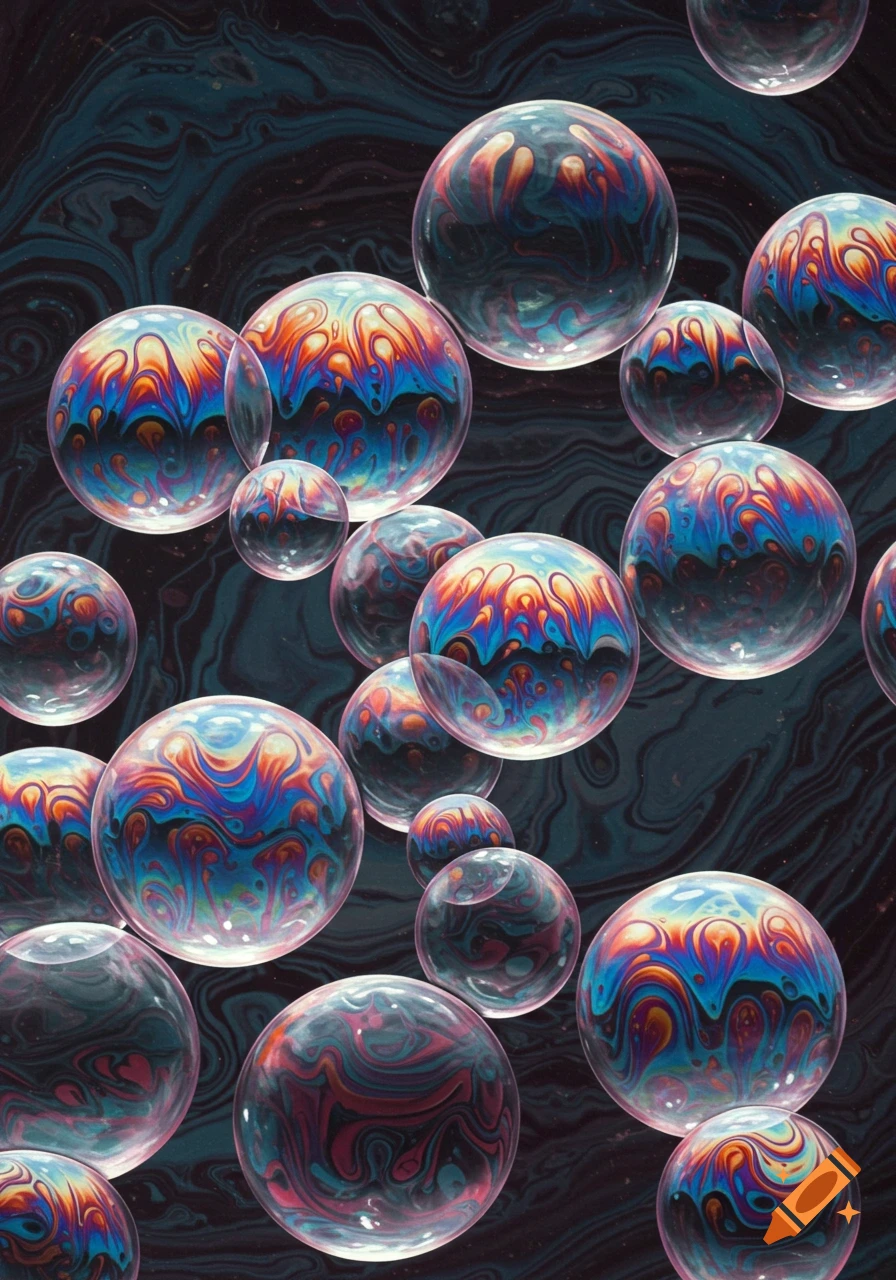 Colorful iridescent bubbles floating against a dark marbled background.