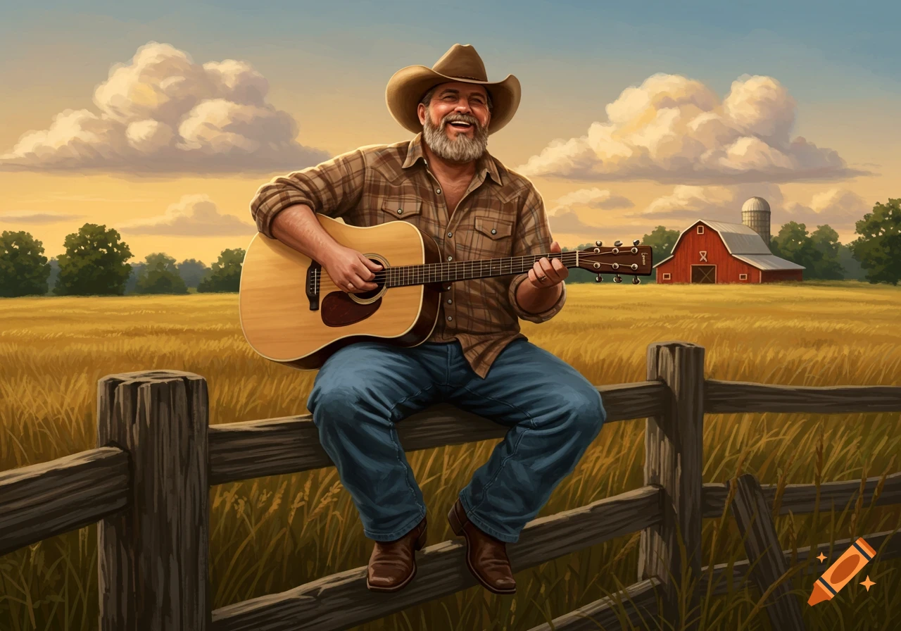 A smiling bearded man in a cowboy hat and plaid shirt plays an acoustic guitar while sitting on a wooden fence in a golden field with a red barn in the background, in a digital painting style.