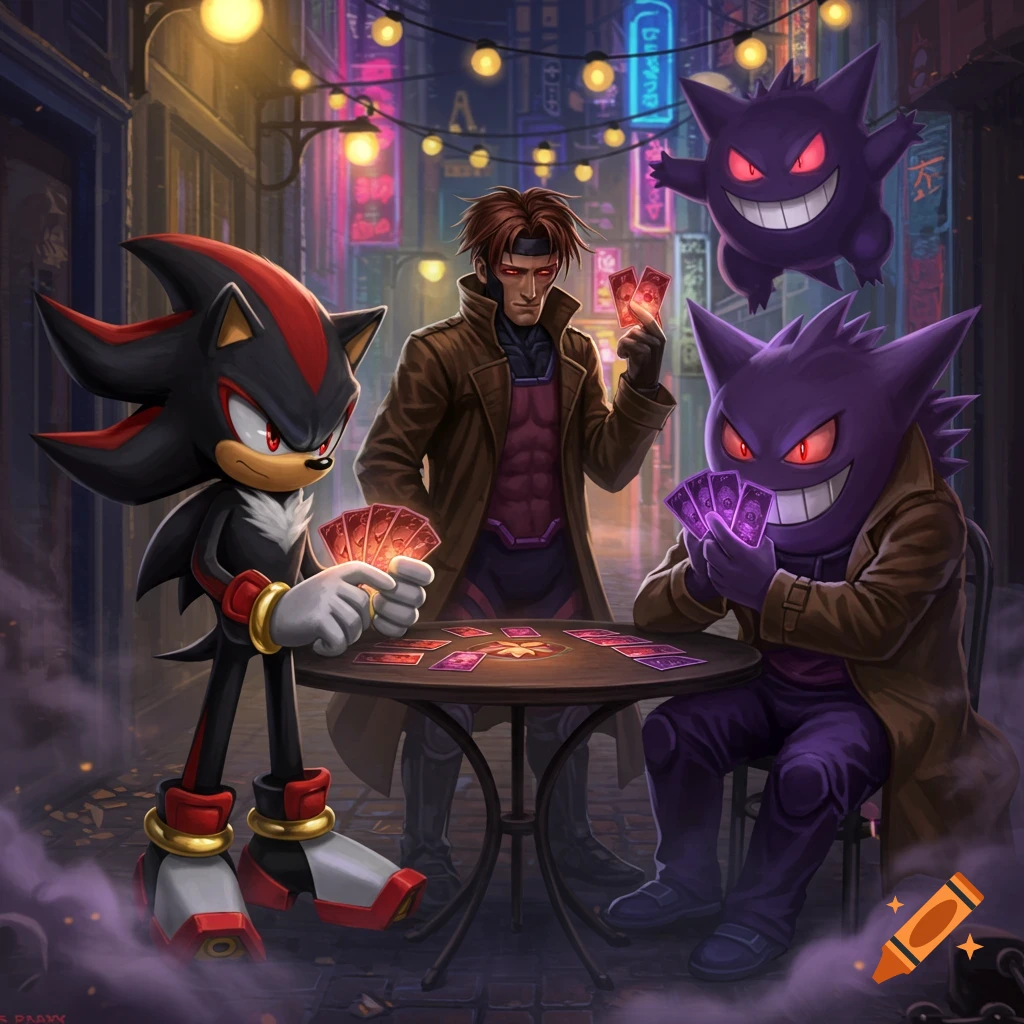 Shadow the Hedgehog, Gambit, and Gengar playing cards at a table in a neon-lit alley at night, with a floating Gengar watching.