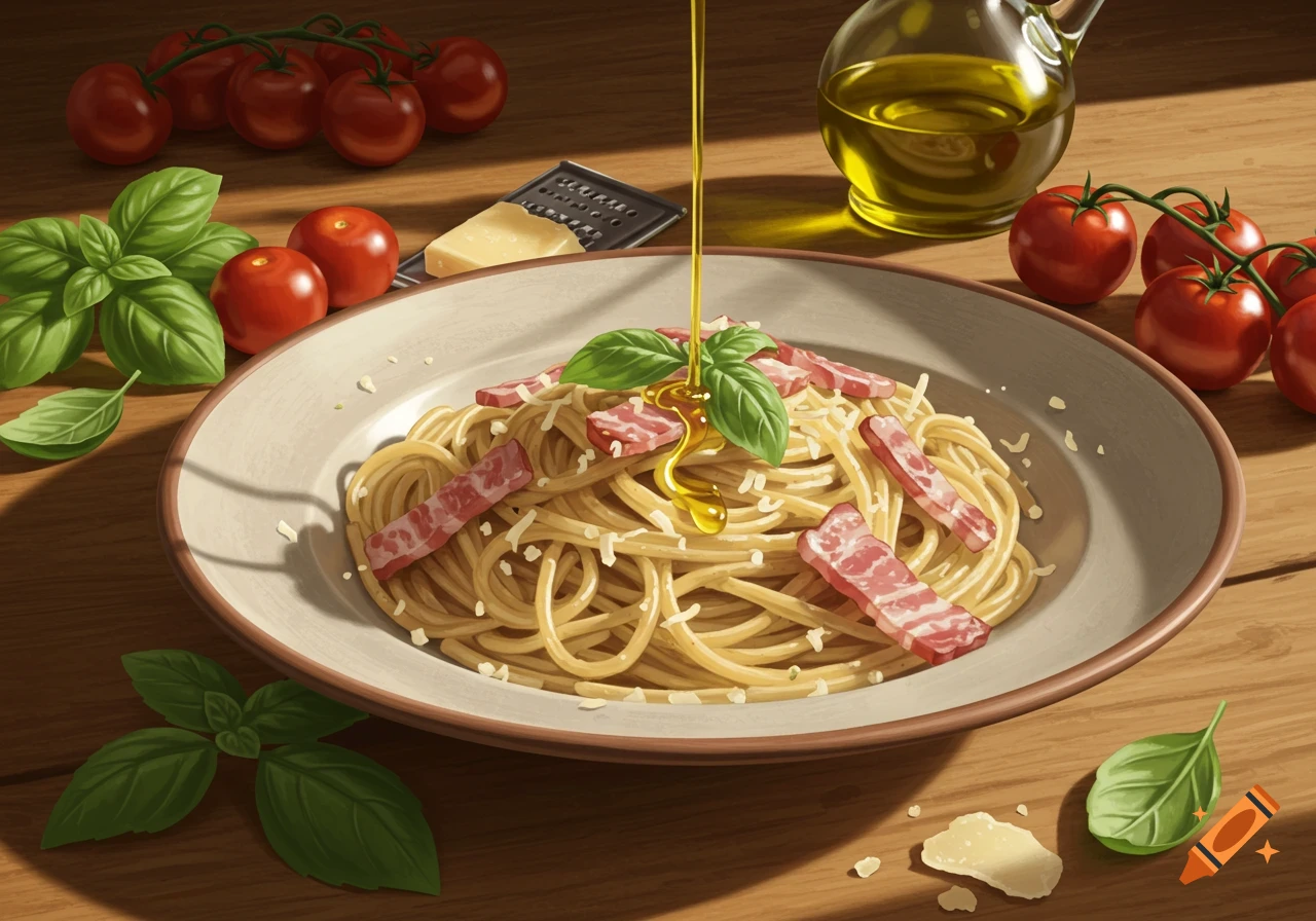 A stylized plate of spaghetti carbonara with bacon, basil, and cheese, with olive oil pouring, surrounded by fresh tomatoes and basil on a wooden table.
