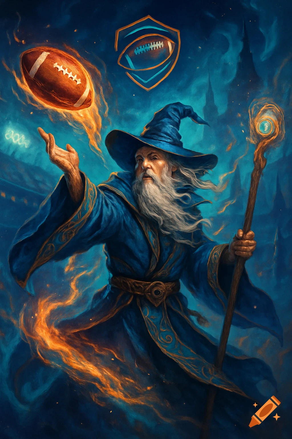 A wizard in a blue robe conjuring a flaming American football in a magical, dark setting, digital art.