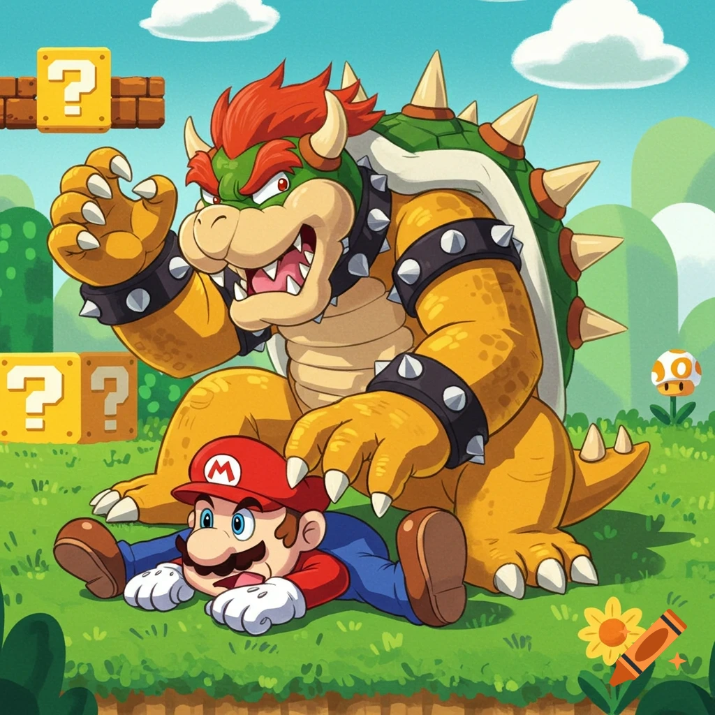 Cartoon image of Bowser sitting on a squashed Mario in a green landscape with question mark blocks.
