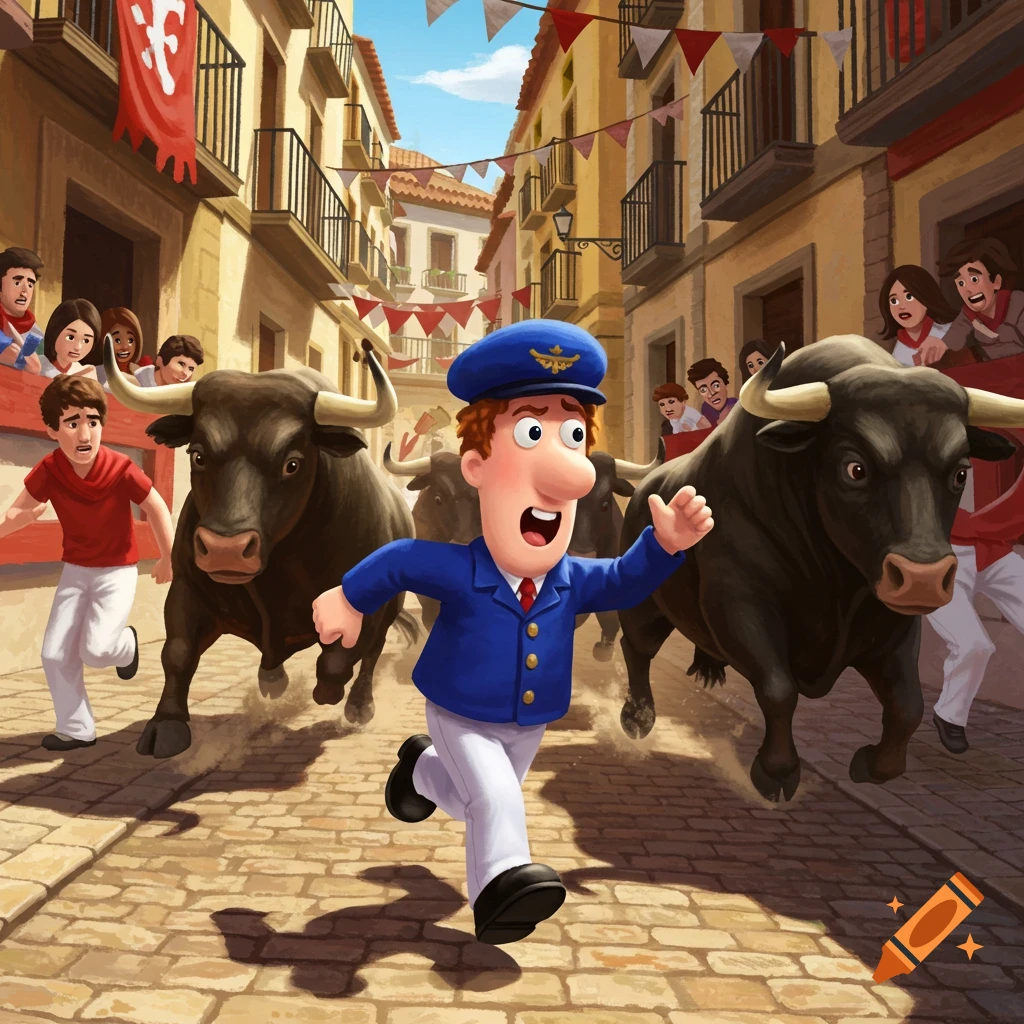 Postman Pat, in his blue uniform, runs in panic from several large black bulls down a narrow, crowded street in a cartoon style.