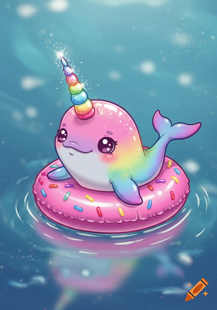 A cartoon narwhal with rainbow skin and a glitter horn floats in a pink donut pool float on blue water.