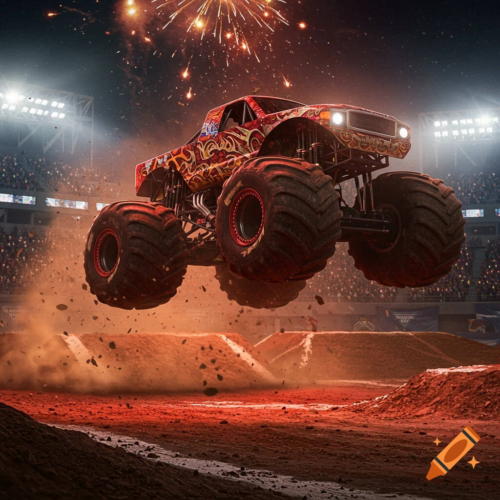 A monster truck with a red and gold flame design is mid-air, jumping over dirt mounds in a stadium at night, with fireworks exploding above.