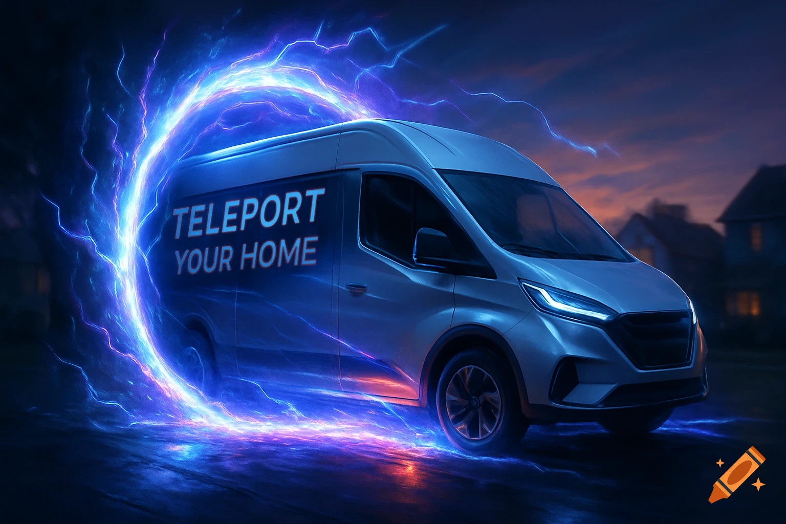 A futuristic grey van with "TELEPORT YOUR HOME" on its side, surrounded by a glowing blue and purple energy portal on a street at dusk.