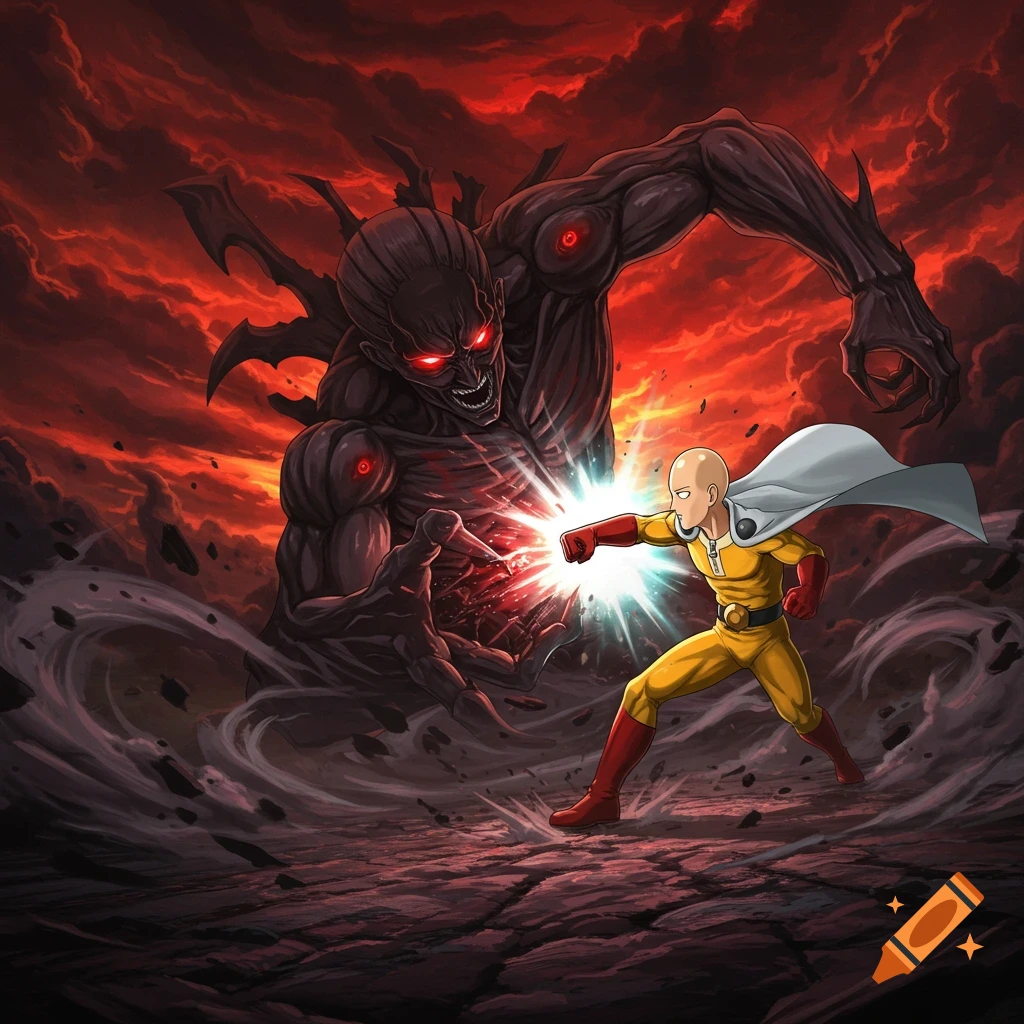 A bald man in a yellow jumpsuit punches a large, dark monster with glowing red eyes amidst a fiery red sky.