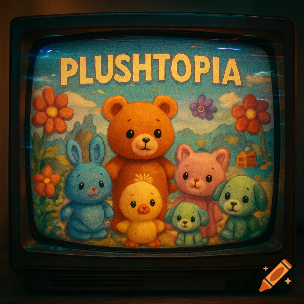 A retro TV displays a colorful cartoon titled PLUSHTOPIA, featuring a brown bear, blue bunny, yellow chick, pink cat, and green puppies.