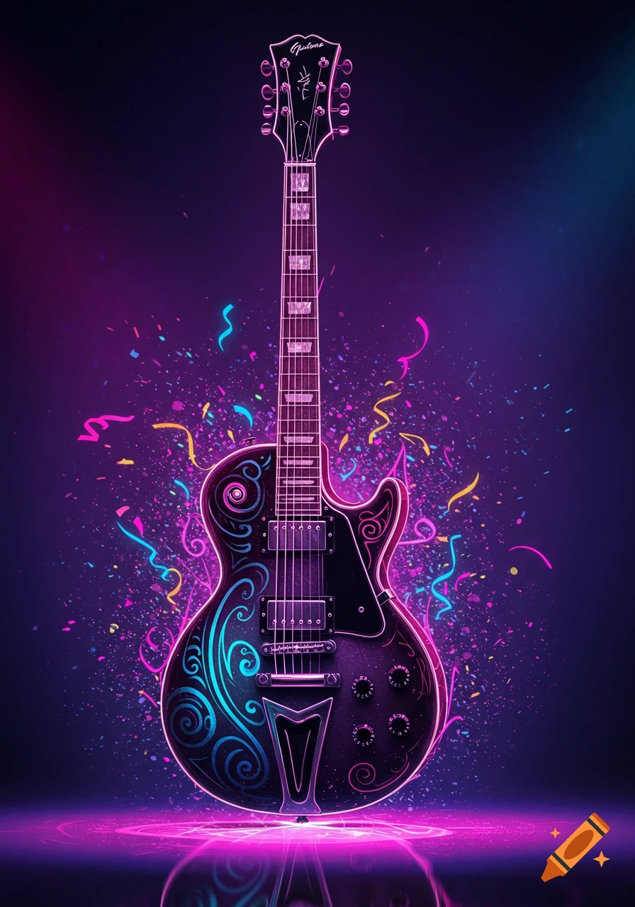 Electric guitar with vibrant neon pink and blue glow, surrounded by colorful confetti, on a dark background with a reflective surface.