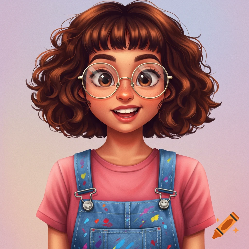 A colorful illustration of a smiling girl with short curly brown hair and bangs, wearing glasses and paint-splattered jean overalls.