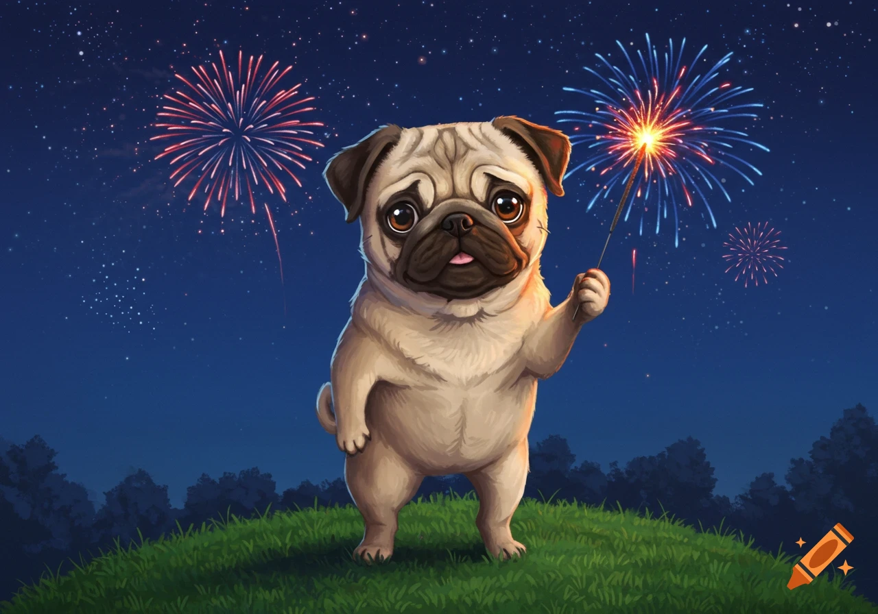A cute pug standing on green grass at night, holding a lit sparkler, with colorful fireworks exploding in the dark blue sky.