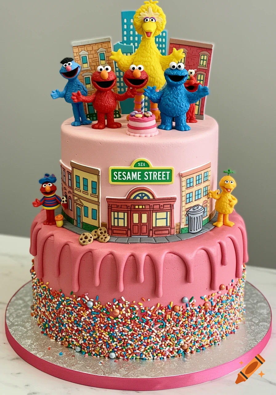 Two-tier pink Sesame Street birthday cake with character figurines, cityscape decorations, and colorful sprinkles.