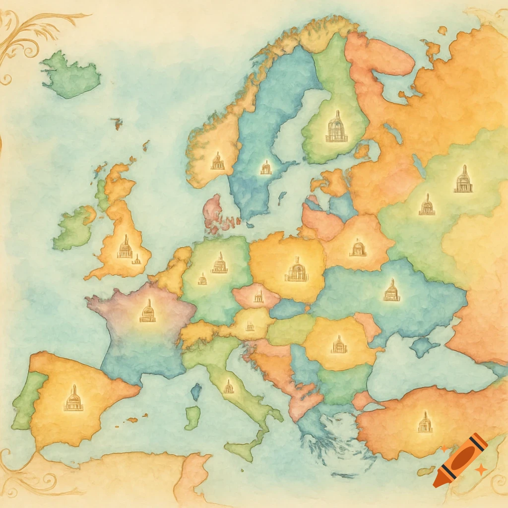 A watercolor-style map of Europe with stylized glowing buildings in each country.