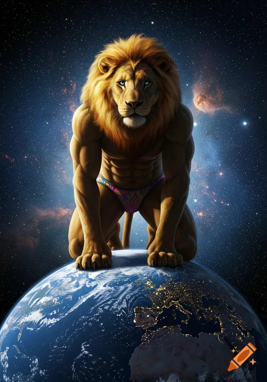 Photorealistic anthropomorphic muscular lion in a speedo kneeling on top of the Earth in space.